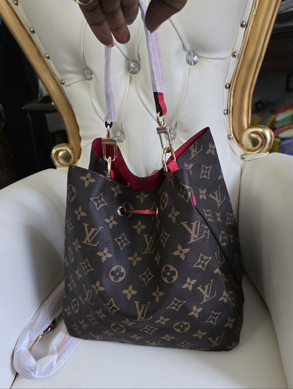 🔴Super Canvas Classic Print Neo MMonogram Bucket Bag Brown w/Red Trim Interior